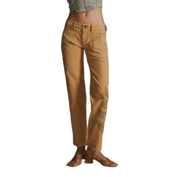 Pilcro The Wanderer Low Rise Pant Womens Size 27 Brown Motif Embroidered Aztec - Picture 1 of 11